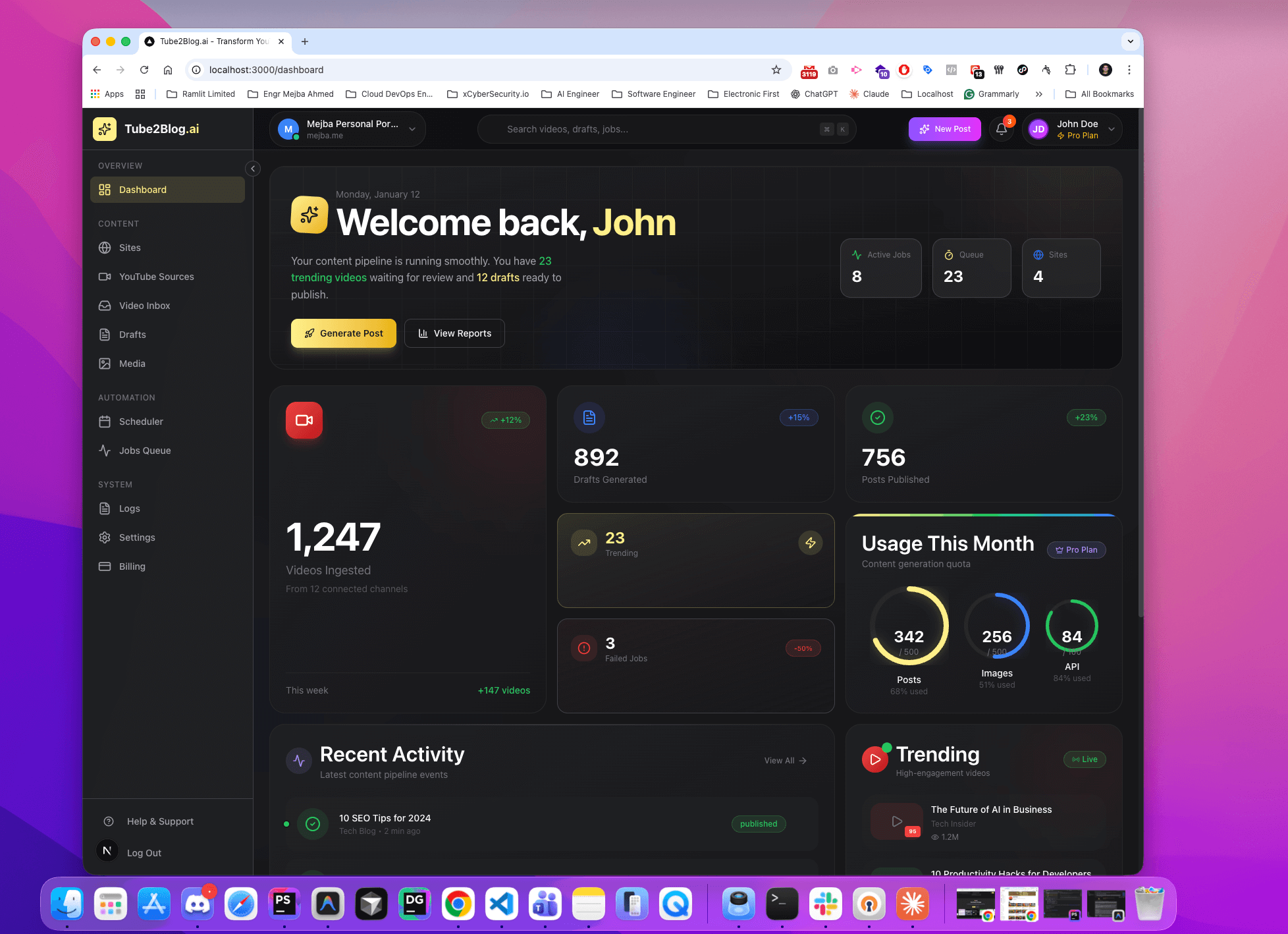 Tube2Blog.ai Dashboard - Full Admin Panel Tour (Next.js + Tailwind CSS)